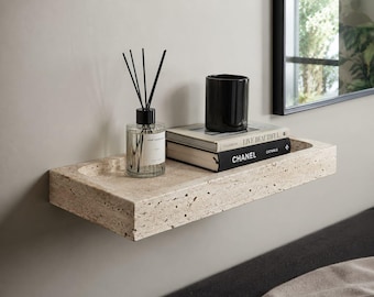 Travertine Floating Shelf, Hand Carved Natural Stone Wall Shelf, Minimalist Home Decor