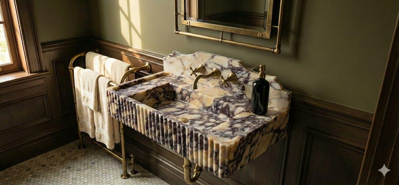 Pu&ograve; includere: Un lussuoso lavabo da bagno con piano in marmo con venature viola e crema. Il lavabo ha un bordo scanalato e rubinetti in ottone. Una bottiglia nera &egrave; appoggiata sul bancone.