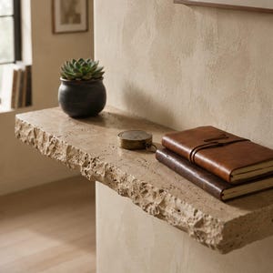 May include: A floating wall shelf made of beige natural stone with a rough, chiseled front edge. On the shelf sits a small dark green succulent in a black pot, a round brass compass, and two stacked leather-bound journals in brown and dark brown.