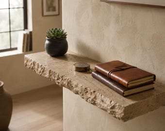 Travertine Floating Shelf with Chiseled Edges – Hand Carved Natural Stone Shelf Decor
