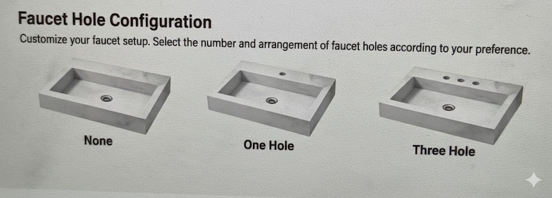 Pu&ograve; includere: Immagine di tre lavandini rettangolari con diverse configurazioni di fori per rubinetti. Le opzioni sono etichettate come "None", "One Hole" e "Three Hole". Il testo in alto recita "Faucet Hole Configuration".