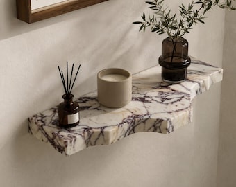 Calacatta Viola Marble Floating Wall Shelf – Irregular Edge Sculptural Stone Bathroom Shelf