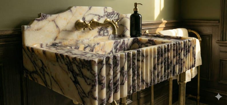 Pu&ograve; includere: Un lavabo da bagno in marmo con un rubinetto dorato e un dosatore di sapone scuro. Il lavabo presenta un design unico con scanalature verticali e una superficie a motivi color crema e viola. Il lavabo &egrave; sostenuto da gambe dorate.