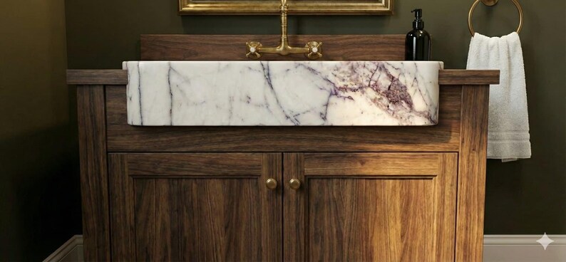 May include: A wooden bathroom vanity with a marble sink. The sink has purple veining. The vanity has two doors with brass knobs. A brass faucet and a black soap dispenser are visible. A white towel hangs on a brass ring.