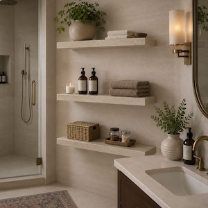 May include: Three beige stone floating shelves mounted on a wall, holding a potted plant, folded white and brown towels, two amber pump bottles, a lit candle, a woven basket, and small glass jars with cotton swabs, next to a bathroom vanity.