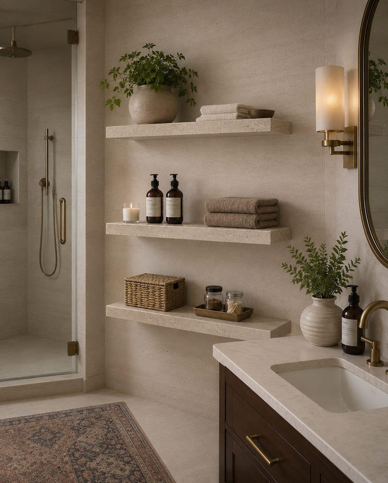 May include: Three beige stone floating shelves mounted on a wall, holding a potted plant, folded white and brown towels, two amber pump bottles, a lit candle, a woven basket, and small glass jars with cotton swabs, next to a bathroom vanity.