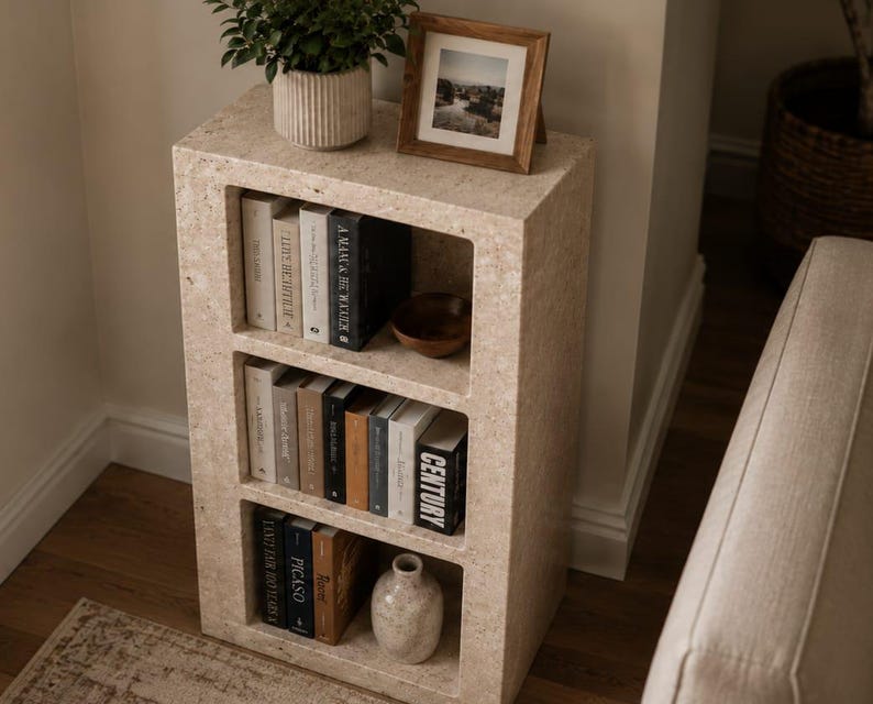 Pu&ograve; includere: Una libreria rettangolare in pietra travertino beige con tre ripiani aperti. I ripiani contengono vari libri con dorsi bianchi, neri e marroni, una piccola ciotola di legno e un vaso in ceramica. Una pianta e una foto incorniciata sono posizionate sopra.