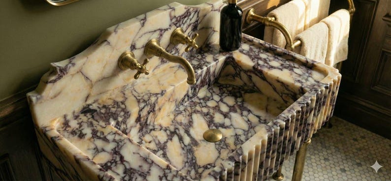Pu&ograve; includere: Un lussuoso lavabo in marmo dal design unico. Il lavabo presenta un motivo venato color crema e viola, elementi dorati e un bordo scanalato. Sono visibili una bottiglia nera e un portasciugamani con asciugamani.