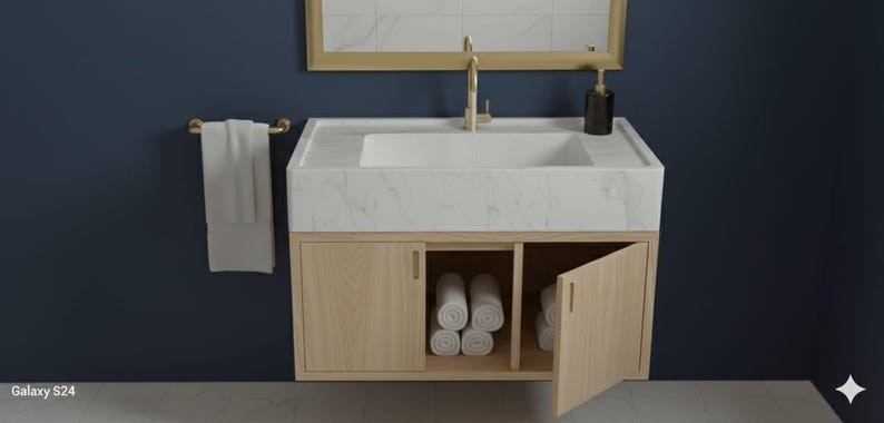 May include: A modern bathroom vanity with a white marble sink and a gold faucet. The vanity has light wood cabinets with rolled white towels inside. A gold towel bar holds a white towel. The background is a dark blue wall.