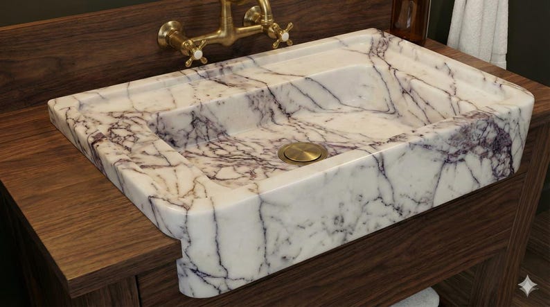 May include: Rectangular marble sink with a white base and purple veining. The sink has a brass drain and is set on a dark wood vanity. A brass faucet is mounted on the wall above the sink.