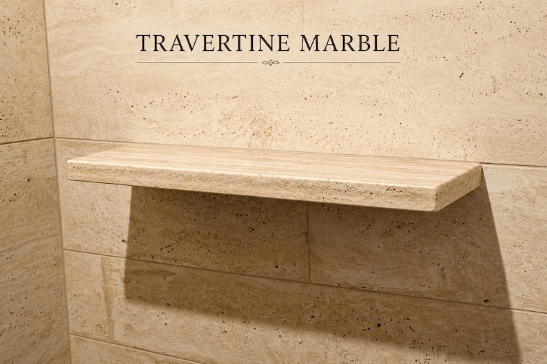 Pu&ograve; includere: Una mensola rettangolare sospesa in marmo travertino beige con una texture porosa in pietra naturale. La mensola &egrave; montata contro una parete piastrellata abbinata. Il testo TRAVERTINE MARBLE &egrave; stampato in nero sopra la mensola.