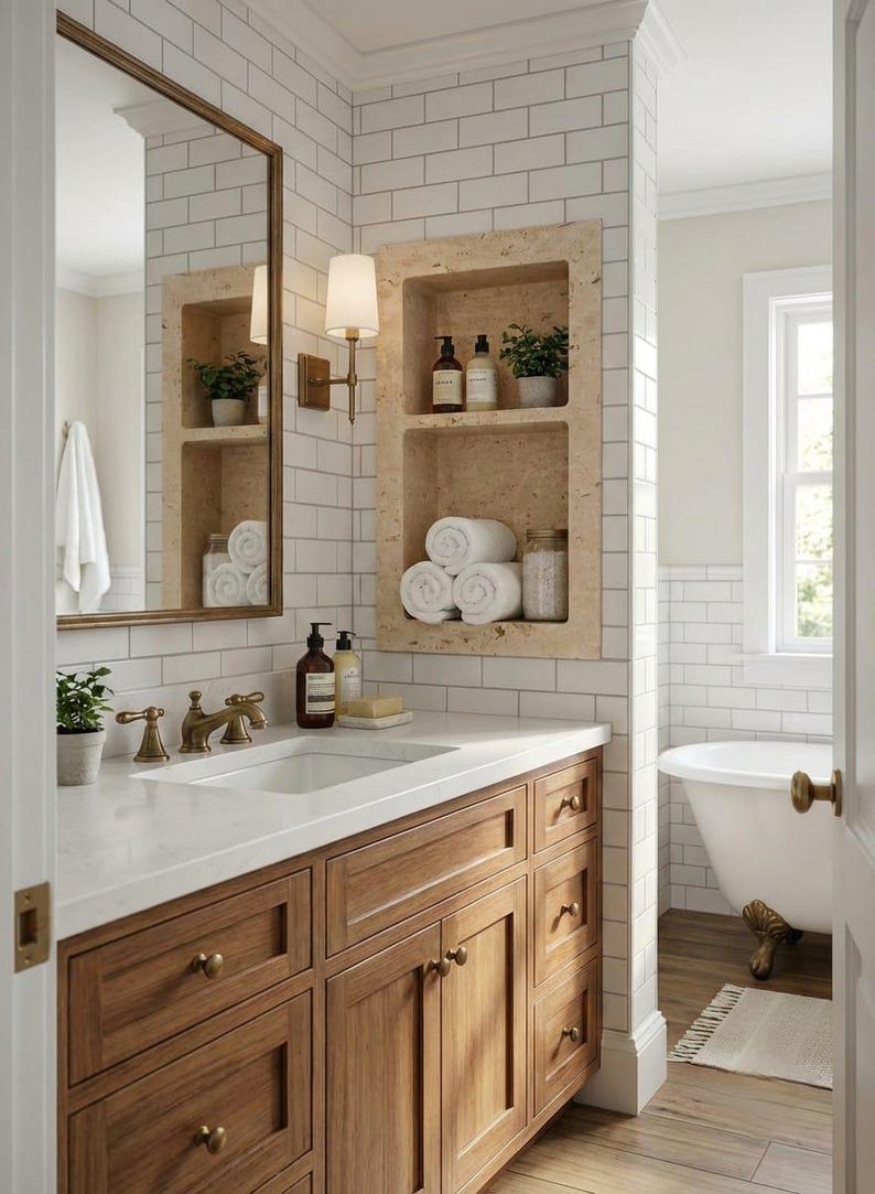 May include: A bathroom with a wooden vanity, white countertop, and a white rectangular sink. The walls are tiled with white subway tiles. A built-in shelf holds rolled white towels, plants, and toiletries. A gold-framed mirror and sconce add elegance.