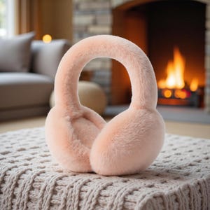 May include: A pair of soft, peach-colored earmuffs. The earmuffs are made of a plush material and have a padded headband. They are sitting on a cream-colored, knitted surface, with a fireplace in the background.