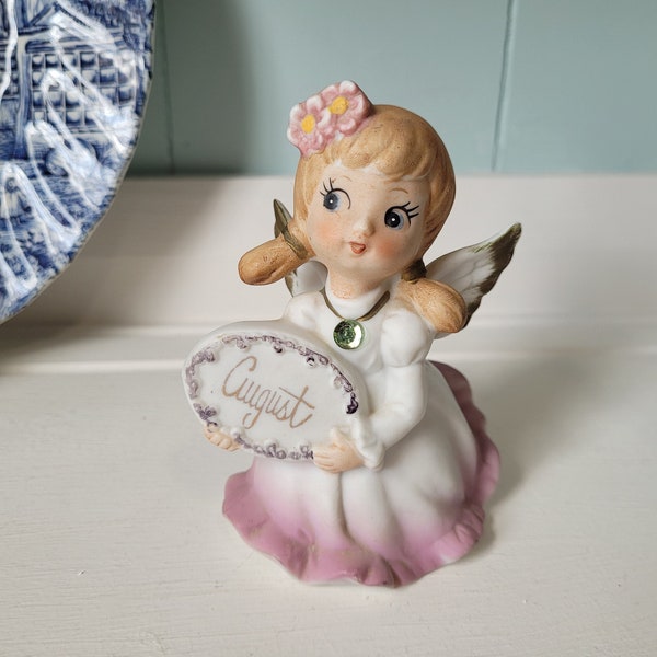Mid Century August Birthday Girl Figurine Angel Peridot Charm Occupied Japan Pink Dress Kitschy Birthday Gift