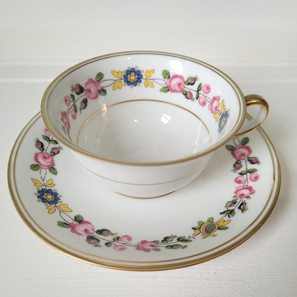 Wide Bowl Limoges Floral Teacup and Saucer. Charles Ahrenfeldt 1930s fine bone china Made in France