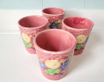 Vintage Juice Cups Pink Basket weave with Flowers Made in Japan. Mid-Century. Retro ceramic cups.