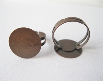 Antiqued Copper Ring Blanks Jewelry Making Supplies 15mm pad for gluing Adjustable Ring Finding. 12 pieces.