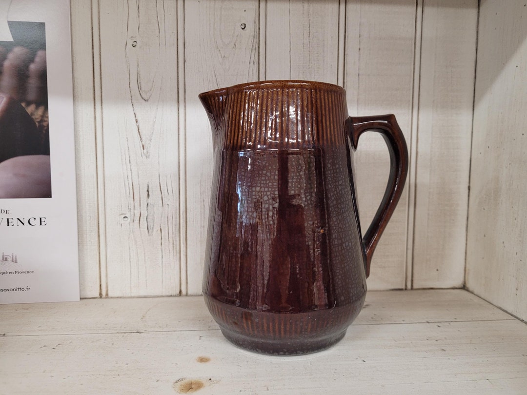 Bone Inlay Rice Pitcher Primitive Vintage Brown Glazed Pitcher Primitive French Kitchen Decor 7.5