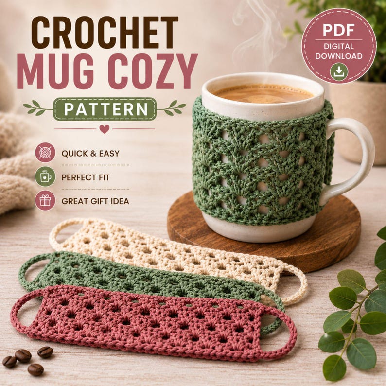 May include: A crochet mug cozy pattern digital download featuring text CROCHET MUG COZY PATTERN. A white ceramic mug with a sage green textured crochet cozy sits on a wooden coaster. Three additional crochet strips in cream, green, and maroon.