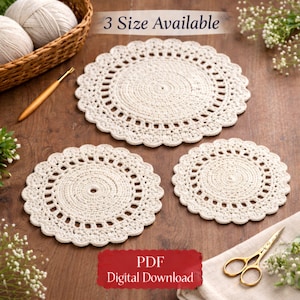 Virkad bordsunderläggsmönster PDF Tre storlekar Rund bordsunderlägg Lantlig köksinredning Digital nedladdning