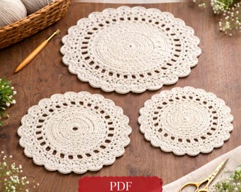 Crochet Placemat Pattern PDF Three Sizes Round Table Mat Farmhouse Kitchen Decor Digital Download