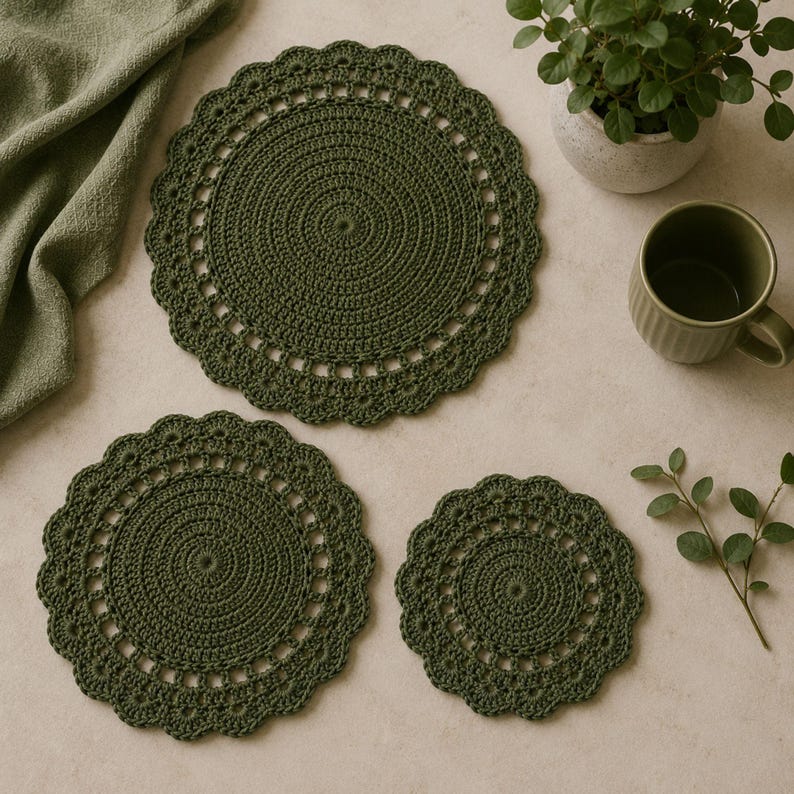 May include: Three olive green crochet placemats and coasters in varying sizes. The placemats and coasters have a circular design with a scalloped edge. A green mug and a small potted plant are also in the image.