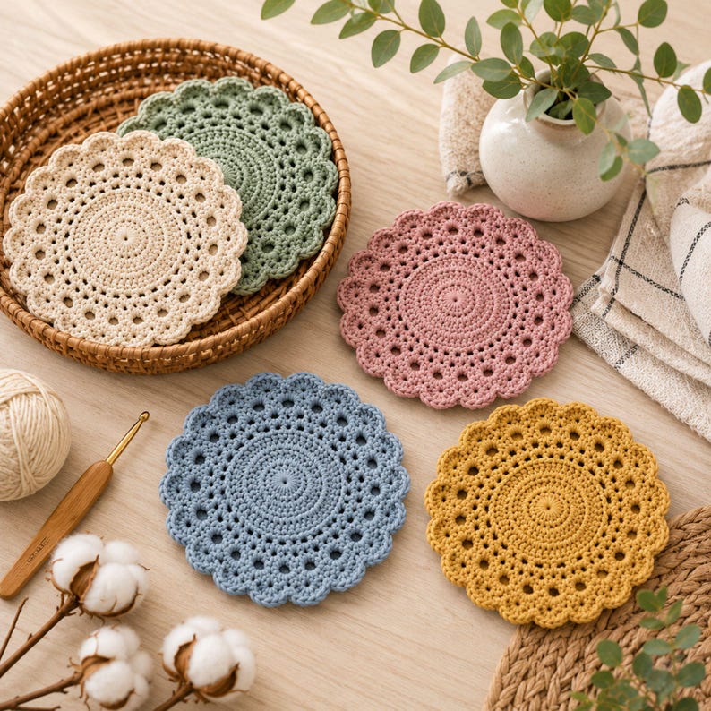 May include: A set of five round crochet coasters in cream, sage green, dusty rose, dusty blue, and mustard yellow. Each coaster features a circular center with a decorative scalloped edge and intricate openwork patterns throughout the design.
