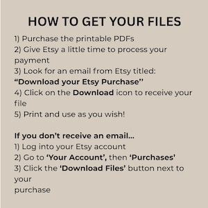 May include: A beige informational graphic with black text titled HOW TO GET YOUR FILES. It lists five steps for downloading printable PDFs, followed by instructions for locating files in an Etsy account if the email is not received.