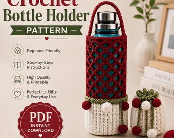 Crochet Bottle Holder Pattern Water Bottle Cozy Cover Handmade Christmas Gift Pom Pom Beginner US Terms Everyday Tote Bag