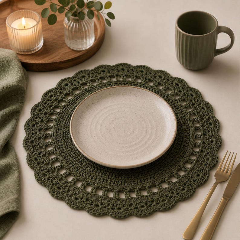 May include: An olive green crochet placemat with a decorative edge, holding a white plate. A matching mug and gold cutlery are placed nearby. A candle and small vase with greenery sit on a wooden tray in the background.