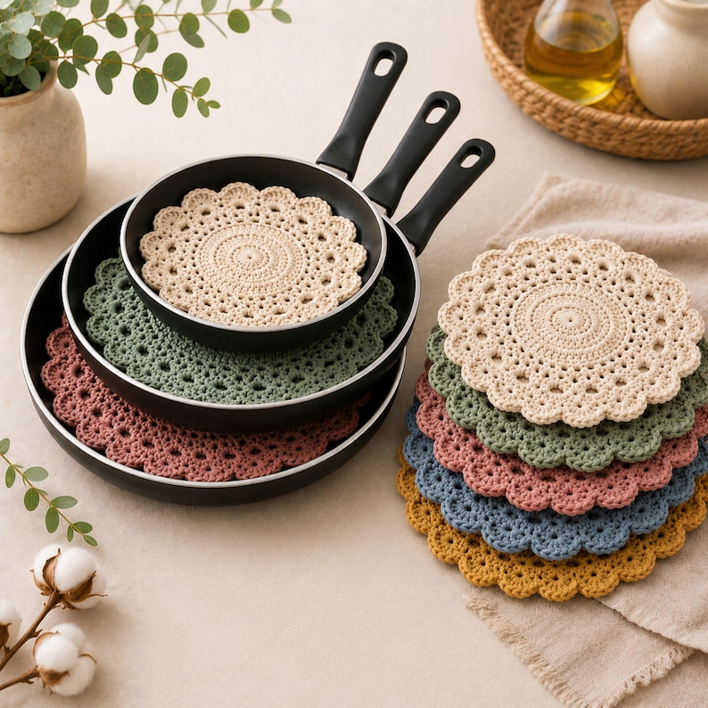 May include: A collection of round, crocheted cotton doilies in cream, sage green, dusty rose, blue, and mustard yellow. The doilies feature intricate, scalloped edges and are displayed both inside black frying pans and stacked in a separate pile.