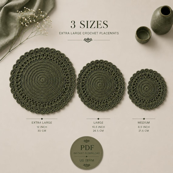 Crochet Round Placemat Pattern 3 Sizes Handmade Lace Table Decor Boho Kitchen Dining Home Decor Housewarming Gift Doily Mat