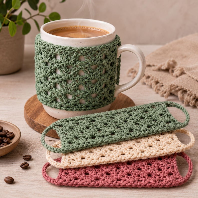 May include: A ceramic mug filled with coffee, featuring a sage green crocheted cozy. Below the mug are three rectangular crocheted handle covers in sage green, cream, and dusty rose, each with a repeating openwork stitch pattern and side loops.