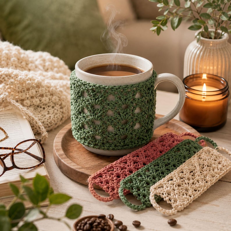 May include: A ceramic mug with a sage green crocheted cozy featuring a shell stitch pattern, containing a steaming dark liquid. Beside the mug are three rectangular crocheted strips in dusty rose, sage green, and cream, all with a matching shell stitch.