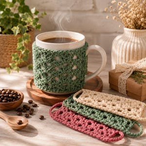 May include: A ceramic mug with a sage green crocheted cozy featuring a shell stitch pattern, containing a steaming hot beverage. Three additional rectangular crocheted strips in cream, green, and maroon are placed in the foreground.