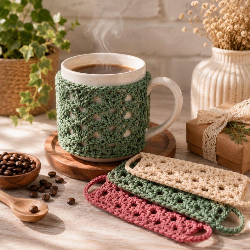May include: A ceramic mug with a sage green crocheted cozy featuring a shell stitch pattern, containing a steaming hot beverage. Three additional rectangular crocheted strips in cream, green, and maroon are placed in the foreground.