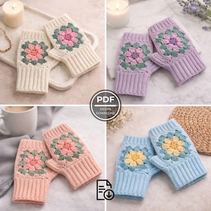 May include: A collection of four pairs of crocheted fingerless gloves in various colors: cream, lavender, peach, and light blue. Each pair features a floral granny square design in the center. The gloves have ribbed cuffs and are displayed on a neutral background.