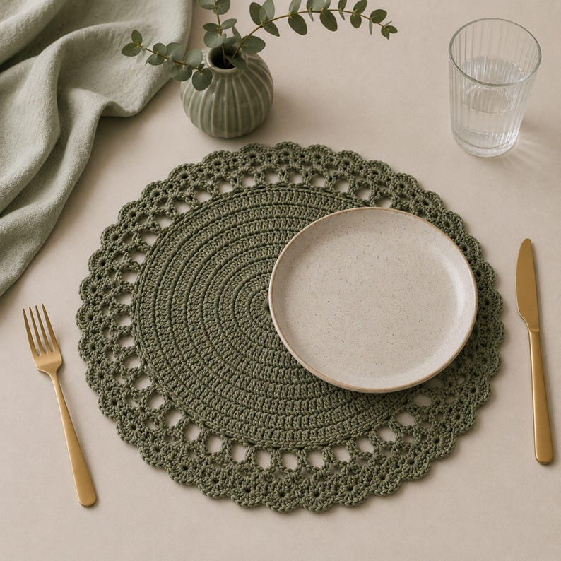 May include: An olive green, crocheted placemat with a decorative, scalloped edge. A beige plate, gold cutlery, and a glass of water are set on the placemat. A small vase with greenery is also on the table.