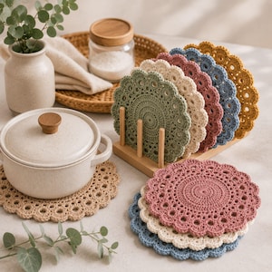 May include: A set of round, crocheted coasters in various colors including sage green, cream, dusty rose, blue, and mustard yellow. The coasters feature a scalloped edge and intricate circular patterns. Some are stacked in a wooden holder.