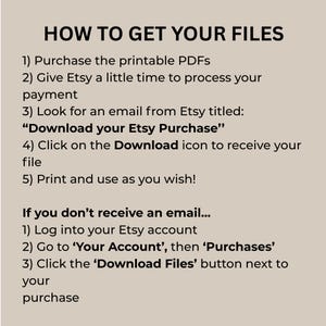May include: A beige graphic with black text detailing how to download files from Etsy. The text includes numbered steps on how to access purchased printable PDFs, and instructions if the buyer doesn't receive an email from Etsy.