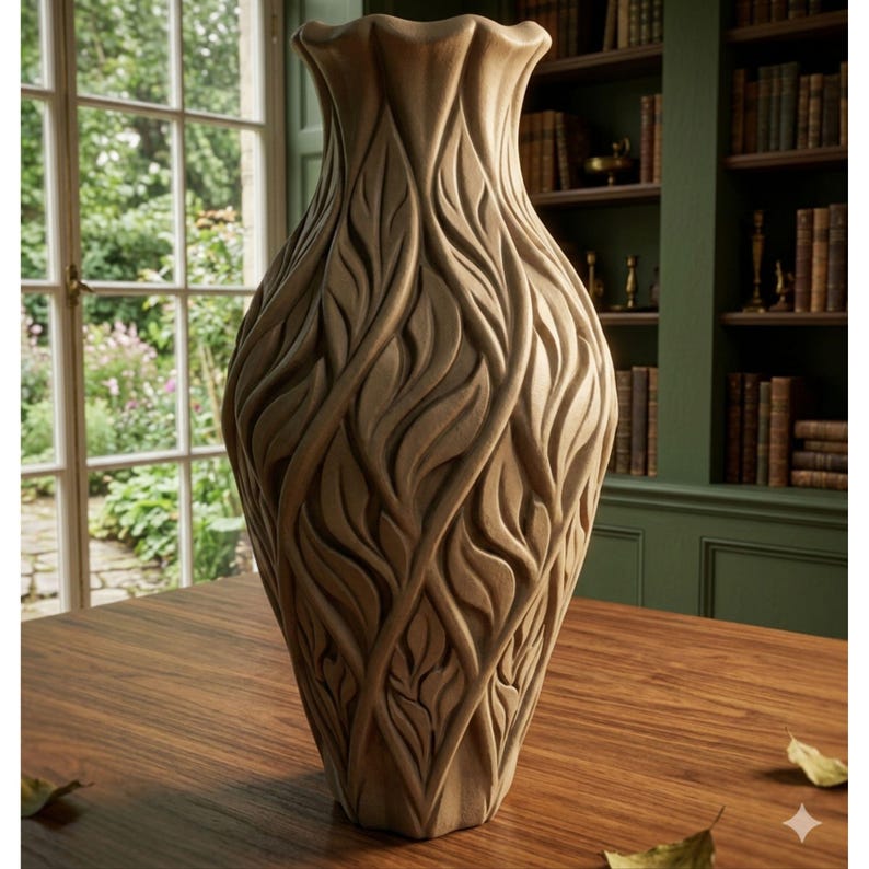 K&ouml;nnte beinhalten: Eine hohe, beige Vase mit einem detaillierten Blattmuster, das in die Oberfl&auml;che geschnitzt ist. Die Vase hat einen breiten Boden, der sich nach oben verj&uuml;ngt, mit einem ausgestellten, ger&uuml;schten Rand. Sie steht auf einem Holztisch.