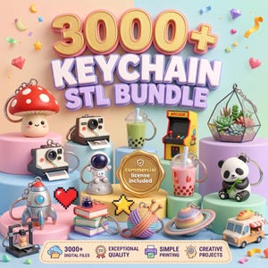 Puede incluir: Una colección digital de más de 3000 archivos STL de llaveros con varios modelos 3D, incluyendo un hongo, cámaras, té boba, una máquina de arcade, un terrario de suculentas, un astronauta, un panda, un cohete, libros, hilo y un planeta.
