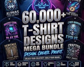 Op de afbeelding: Een digitale collectie van 60.000+ t-shirtontwerpen met diverse grafische thema's zoals wolven, ruimte, arcadespellen, schedels en mechanisch gereedschap. De weergave bevat meerdere zwarte t-shirt mockups en tekstlabels voor kenmerken.
