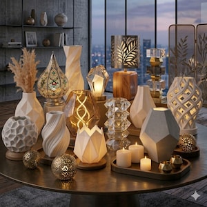 K&ouml;nnte beinhalten: Eine Sammlung dekorativer Lampen, Vasen und Kerzenhalter in verschiedenen Formen und Gr&ouml;&szlig;en. Die Lampen weisen geometrische Designs und warmes Licht auf. Die Farbpalette umfasst Wei&szlig;, Gold und neutrale T&ouml;ne und schafft eine gem&uuml;tliche Atmosph&auml;re. Die Artikel sind auf einem runden Tisch angeordnet.