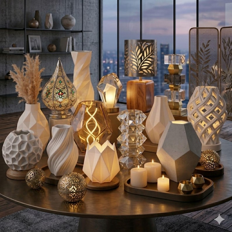 K&ouml;nnte beinhalten: Eine Sammlung dekorativer Lampen, Vasen und Kerzenhalter in verschiedenen Formen und Gr&ouml;&szlig;en. Die Lampen weisen geometrische Designs und warmes Licht auf. Die Farbpalette umfasst Wei&szlig;, Gold und neutrale T&ouml;ne und schafft eine gem&uuml;tliche Atmosph&auml;re. Die Artikel sind auf einem runden Tisch angeordnet.