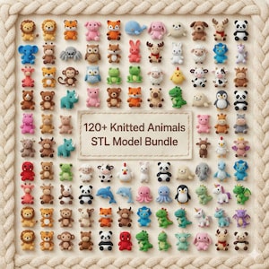 Puede incluir: Una colección de más de 120 figuras de animales de punto en varios colores, incluyendo leones, osos y pandas. Las figuras están dispuestas sobre una superficie texturizada de color crema. El texto de la imagen dice "120+ Knitted Animals STL Model Bundle."
