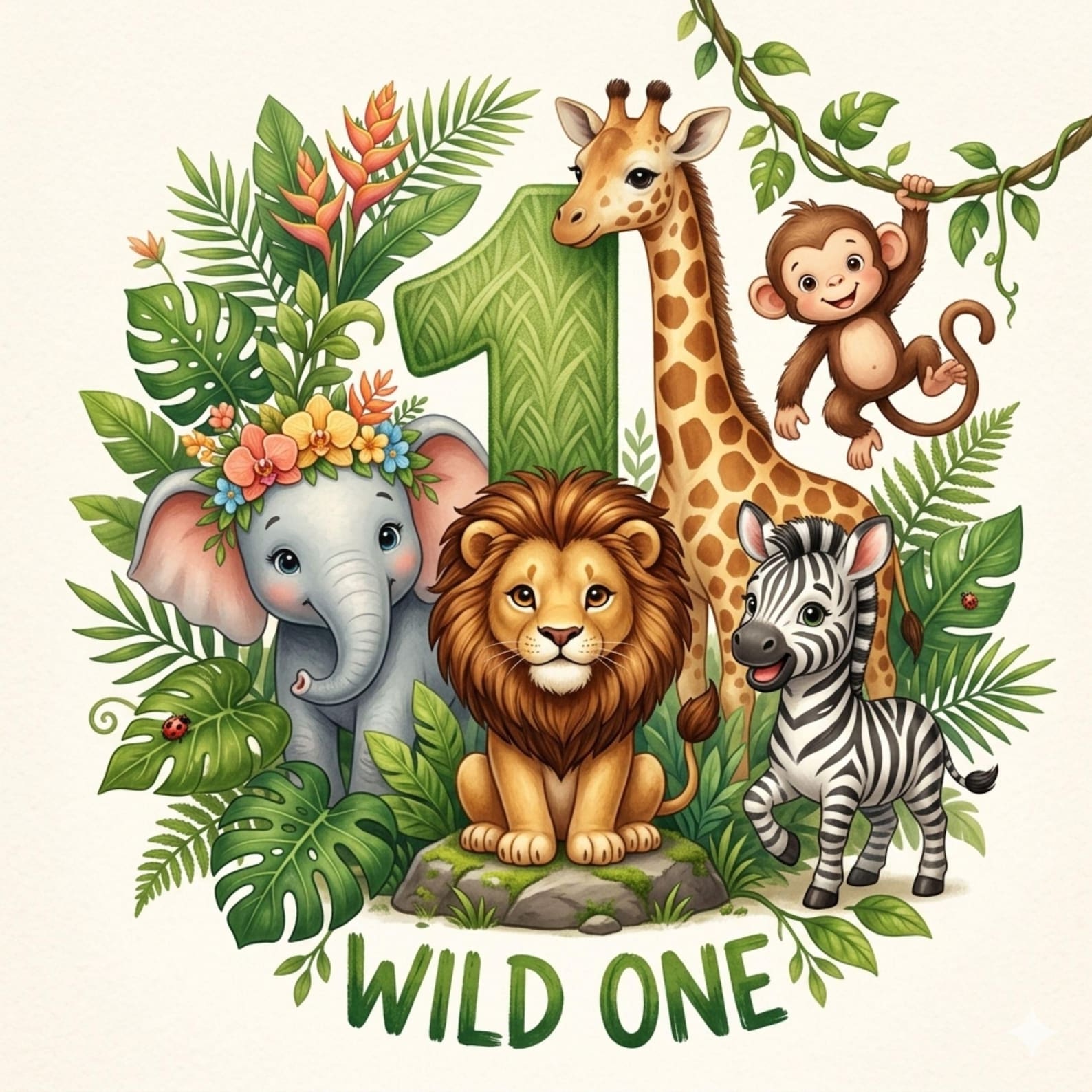 Cute Jungle Safari Animals Clipart | Wild One Birthday PNG (ages 1-5 ...
