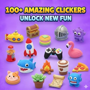 May include: A collection of colorful clickers, including a yellow submarine, a treasure chest, a rocket, a shark, a flamingo, and a video game controller. The image also features a gumball machine, a stack of pancakes, a knight's helmet, and a blue robot.