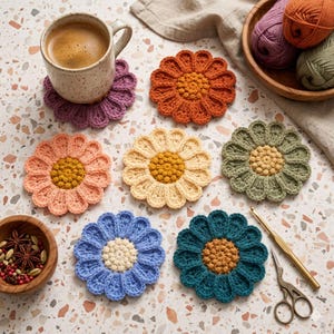 May include: A collection of handmade, colorful crochet flower coasters in various shades of orange, pink, yellow, green, blue, and teal. A coffee cup sits on a purple coaster. A bowl of spices and yarn are also present.