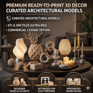 K&ouml;nnte beinhalten: Eine Ansammlung von 3D-gedruckten Dekorationsartikeln, darunter Vasen, Skulpturen und Kerzenhalter, auf einem dunklen runden Tisch. Das Bild zeigt eine Lampe, dekorative Kugeln und den Text "PREMIUM READY-TO-PRINT 3D DECOR CURATED ARCHITECTURAL MODELS."